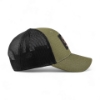 Right side profile of olive green and black mesh cap highlighting FNH Firearms patch on front panel.